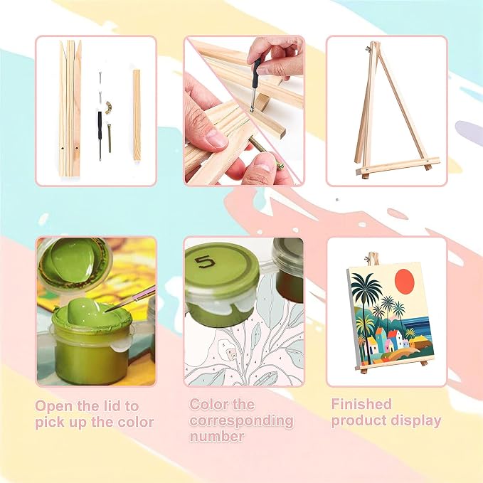 4 Pack Scenery Paint by Numbers for Adults with Frame Canvas - Wooden Easel | Landscape Paint by Number for Beginners, Easy Acrylic Oil Painting Kits with Brushes for Home Wall Decor (8x8 inch)