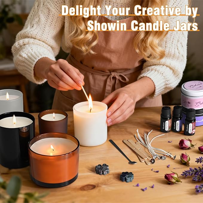 SHOWIN Thick Candle Jars for Making Candles 12 Pcs, 7 OZ Empty Jars with Wood Lids for Candle Making, Sample Container, Frosted Purple