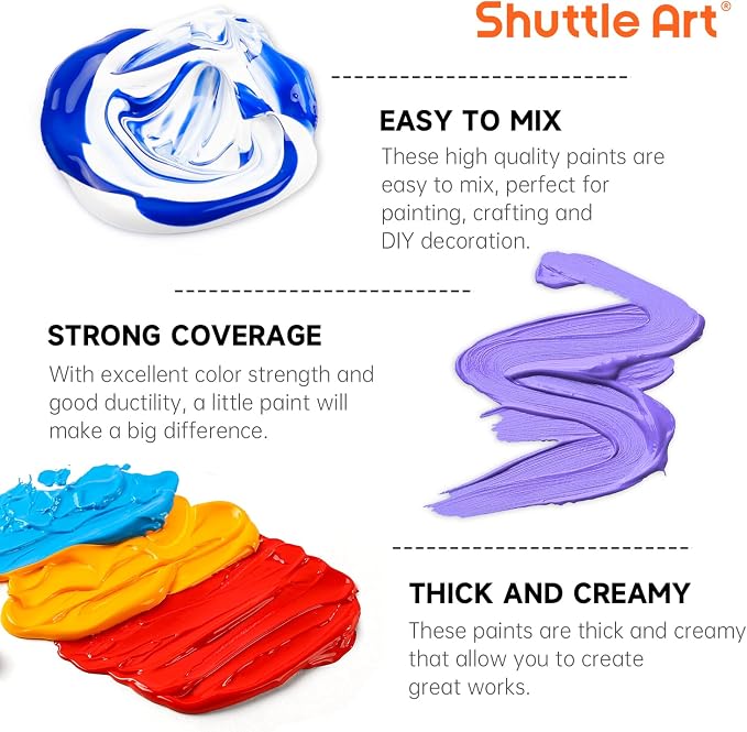 Shuttle Art Acrylic Paint, 36 Colors Acrylic Paint Set with Brushes & Palette, 2oz/60ml Bottles, Rich Pigments Non-toxic for Artists Kids & Adults, Painting on Canvas Rocks Ceramic Wood