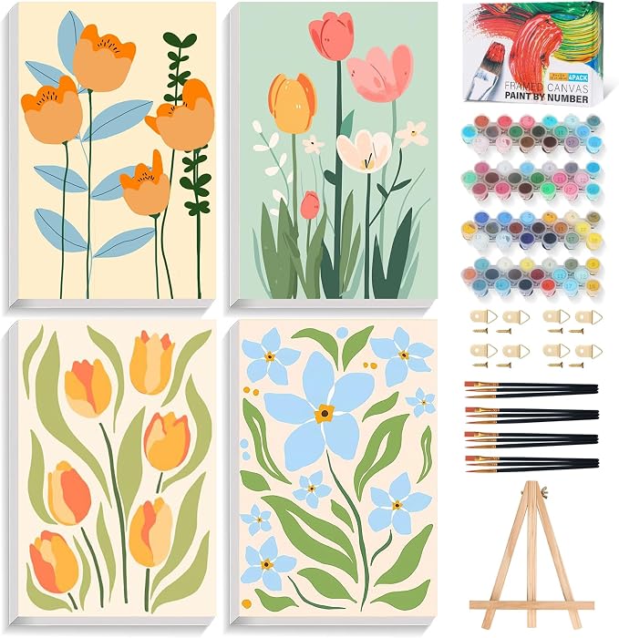 4 Pack Framed Paint by Numbers Kit for Adults Flowers with Wooden Easel | With Frame Canvas 8x12 IN, For Adults Beginner, DIY Acrylic Painting Flower, Stress Relief Craft Kits, Home Wall Decor Gift