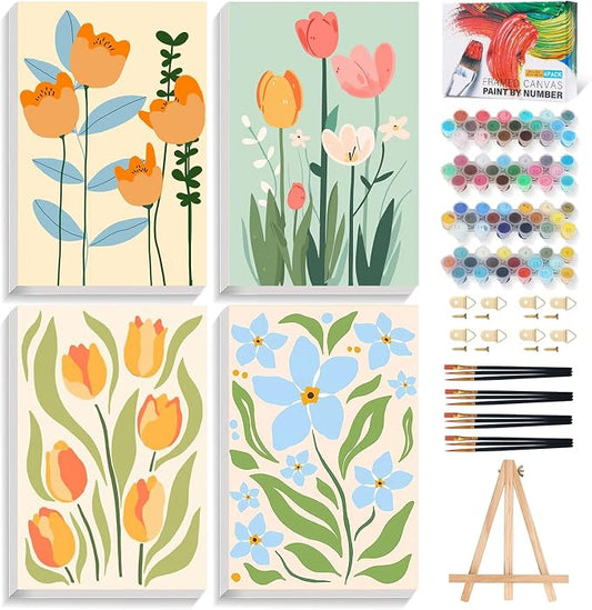 4 Pack Framed Paint by Numbers Kit for Adults Flowers with Wooden Easel | With Frame Canvas 8x12 IN, For Adults Beginner, DIY Acrylic Painting Flower, Stress Relief Craft Kits, Home Wall Decor Gift