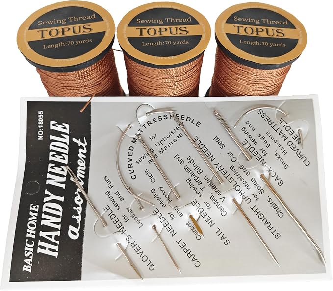 3Pcs Brown Upholstery Thread Heavy Duty, 7 Styles Curved Sewing Needles
