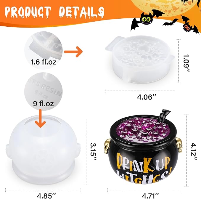 LET’S Resin Witch Cauldron Resin Mold, Halloween Resin Molds | 3D Jar Resin Molds Silicone 4.7'' Width, Large Jar Molds for Epoxy Casting Craft, Storage Box,Candy Container,Candle Holder
