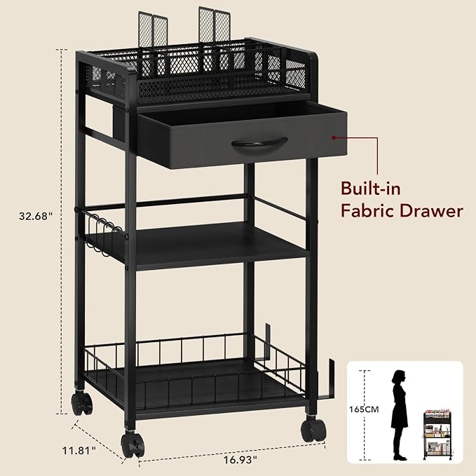 Homsorout 3 Tier Rolling Cart - Metal Utility Cart with Storage Drawer and Wheels, Versatile Art & Craft Organizer for Home, Office, or Studio Ideal for Storing Brushes, Paints, and Supplies Black