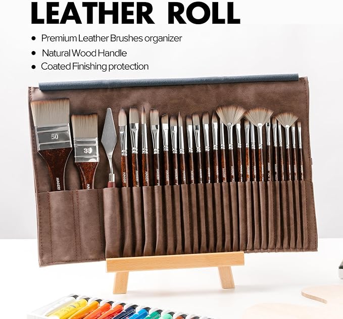 Paint Brushes, 25 Pieces Expert Synthetic Nylon Bristles Paint Brush Set with Suede Leather Roll with Palette Knife