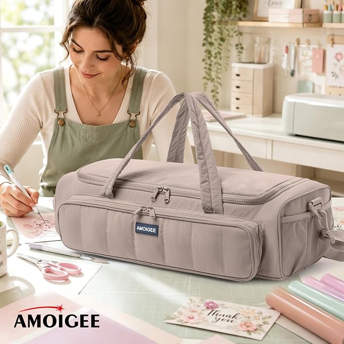 AMOIGEE Puff Carrying Case for Cricut Explore 5, Quilted Storage Bag for Die-Cutting Machine, Travel Craft Tote with Pockets for Vinyl, Tools, Mats and Cricut Accessories and Suppliers