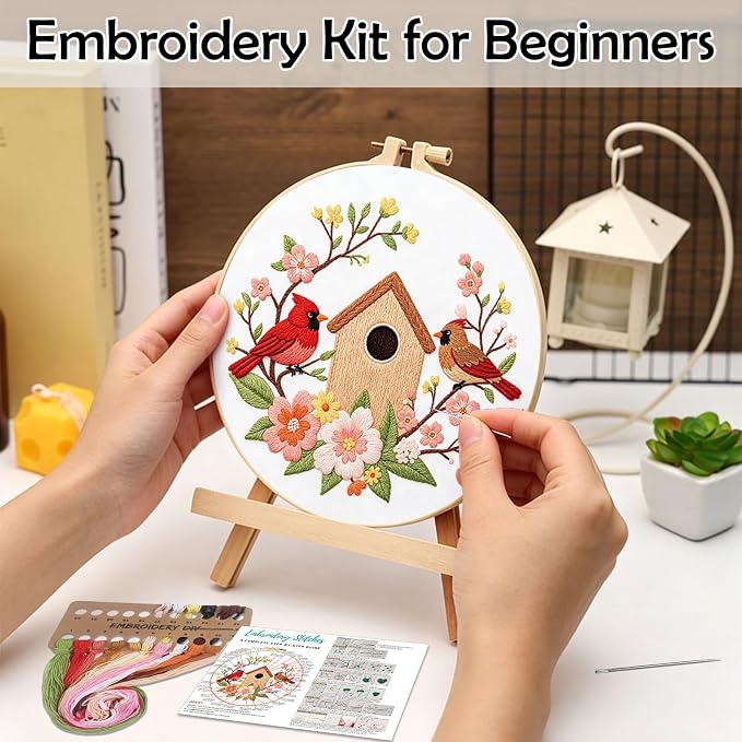 Louise Maelys Cardinal Birdhouse Flowers Embroidery Kit for Beginners | Adults Starter Cross Stitch Kits with Cardinal Pattern, Complete Needlepoint Kit with Hoop, Threads, Needles and Guide