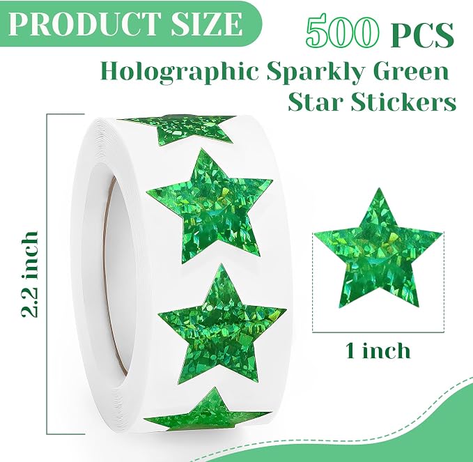 Imeepa 500PCS Holographic Sparkly Green Star Stickers, 1" Reward Labels