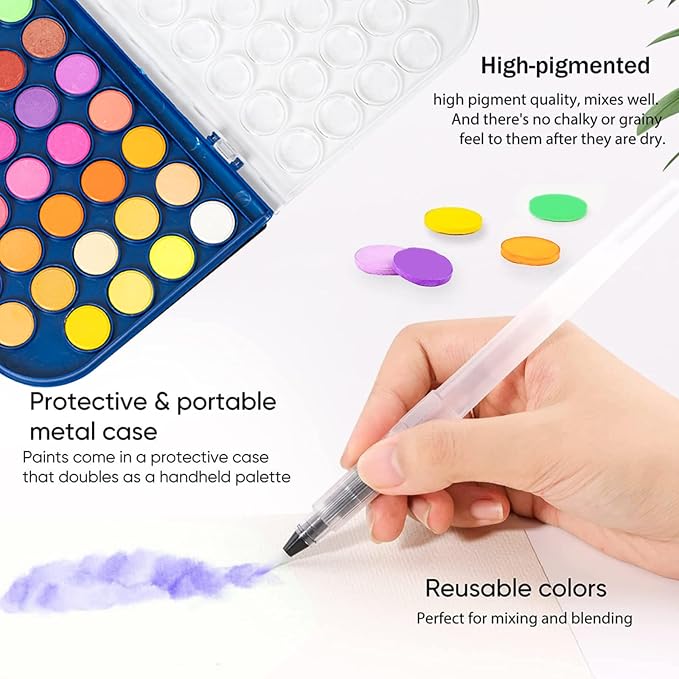 GETHPEN 48 Colors Watercolor Paint Set, 3 Brushes 1 Water Color Brush pen | Washable Watercolor Paint Kit, Watercolor palette, Non-toxic Water Color Paints, Adults Artists Students Beginner
