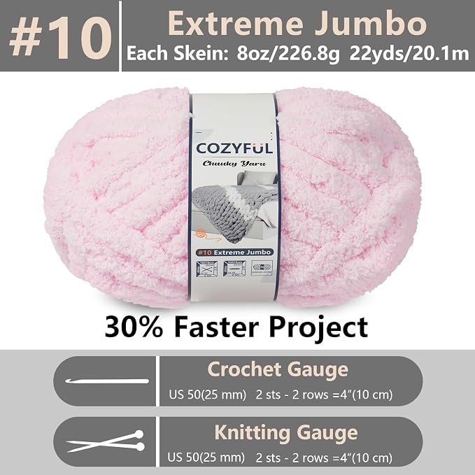 Cozyful Chunky Yarn for Hand Knitting - #10 Chunky Chenille Yarn, Jumbo Big Thick Chunky Yarns for Crocheting, Super Bulky Chunky Knit Blanket Yarns, 8 Skein (22 yds 8 oz Each Skein), Blush Pink