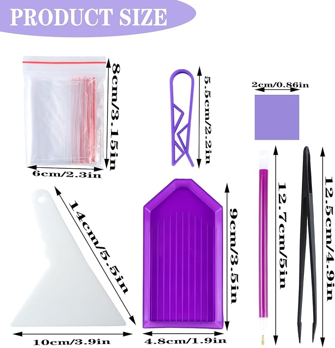 QYING 94PCS 5D Diamond Art Painting Tools and Accessories Kits,with 20 Plastic Diamond Trays,20pcs Glue Clay,20 Diamond Art Painting pens,Non-Slip Clips,tweezer,and Diamond Crreection (Purple)