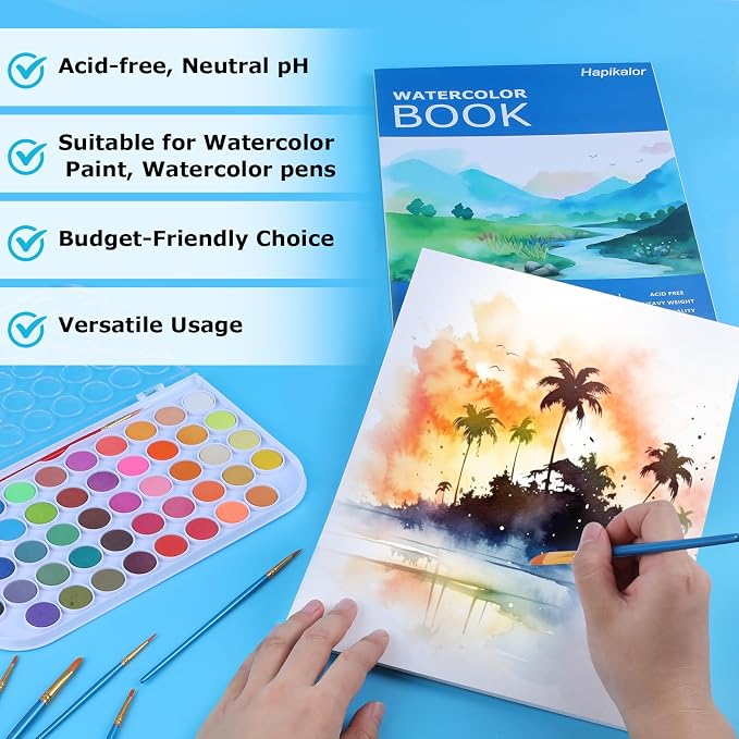 Hapikalor Watercolor Paper Pad, 9"x12" 140lb/300gsm Artist Drawing Sketch Book, Paper Pad, Art Journal, Arts and Crafts Supplies for Adults Kids, Paint Set, Colors, Canvas Painting, Watercolors, Blue | Artist Painting Drawing Paper Book, Art Supplies f...
