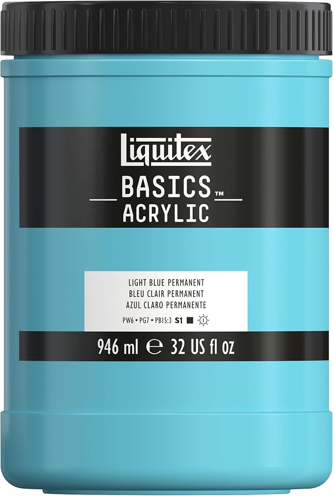 Liquitex BASICS Acrylic Paint, 32-oz Jar, Light Blue Permanent | Medium Viscosity, Satin Finish, Lightfast, Fine Art Pigments, Range of Opacities, Easy Blending