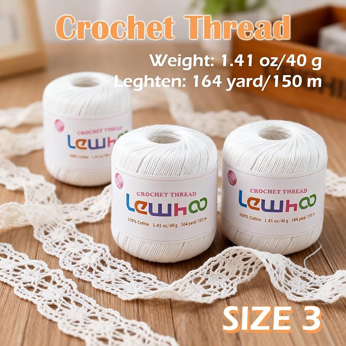 3 Pack Crochet Thread, 100% Cotton Size 3 Lace Yarn Set White