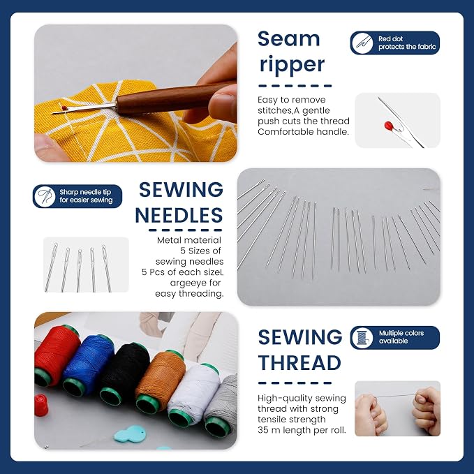 TLKKUE Sewing Kit for Adults, Steel Needles for Hand Sewing | 40 Pcs Sewing Kit with Sewing Needles Storage Bag Threads Thimbles Seam Rippers for Repair Clothing(6Color Upholstery Thread)