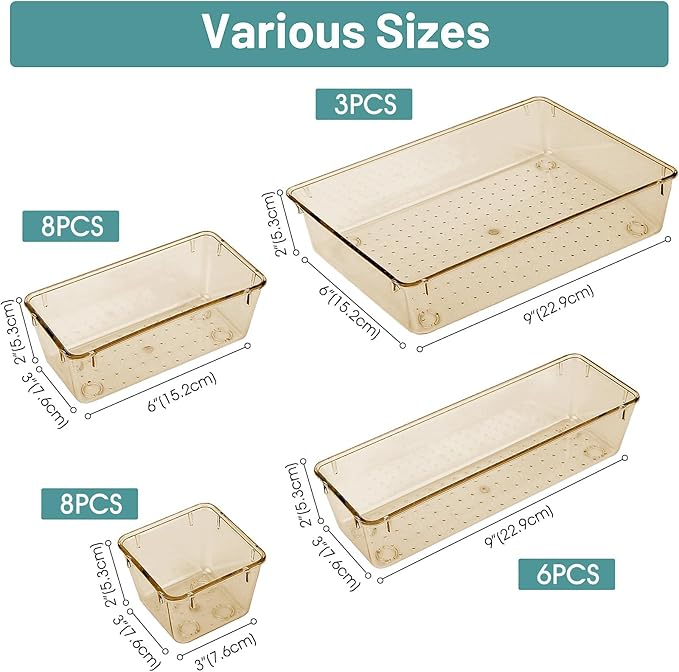 25 PCS Plastic Drawer Organizer Set, Makeup Organizers and Storage Bins | 4 Sizes Desk Drawer Divider Organizers and Storage Bins for Jewelry, Gadgets for Kitchen, Bedroom, Bathroom, Clear Champagne