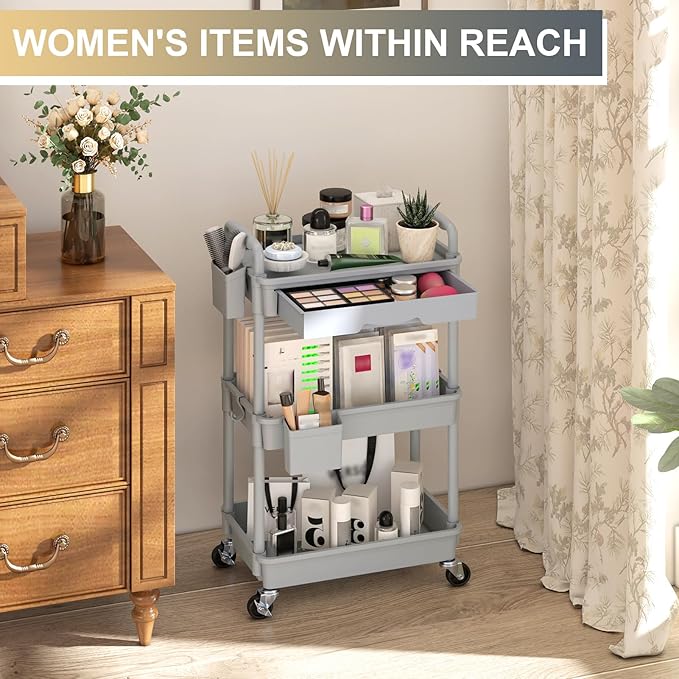 Goovilla 3 Tier Rolling Utility Cart Organizer with Removable Drawer, Grey | Stable and Sturdy Rolling Storage Carts with 2 Lockable Wheels for Bathroom, Kitchen, Snack, Craft, Makeup, Baby Essentials