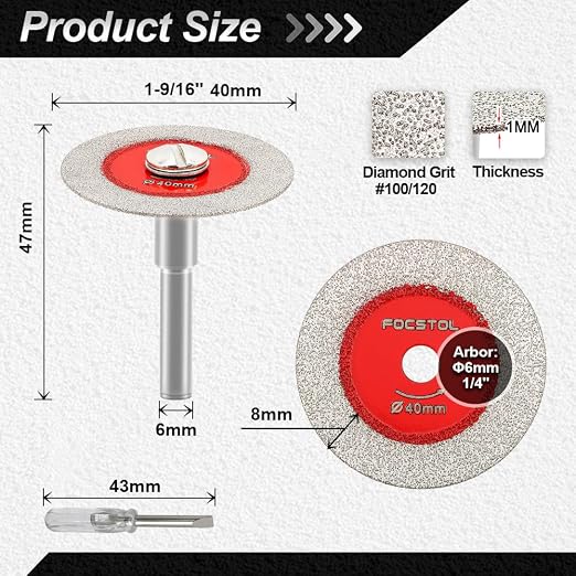 Mini Diamond Glass Cutting Disc - FOCSTOL 5pcs 1-9/16 Inch(40mm) Glass Saw Blade and 1pc 1/4 Inch(6mm) Round Shank for Glass Jade Marble Granite Artificial Stone Porcelain Tile Ceramic