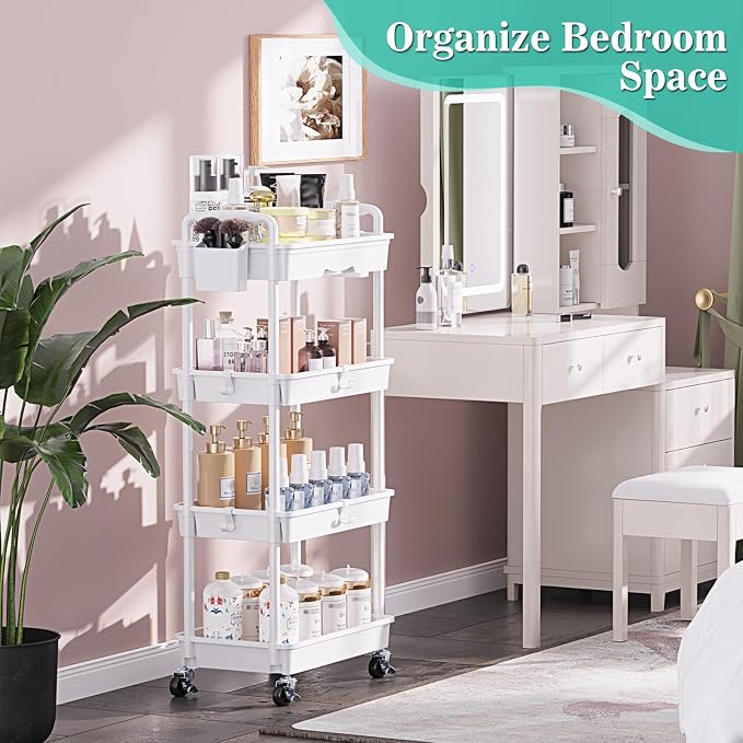 SUNALLY 4 Tier Rolling Cart with Drawer, Craft Storage Cart Organizer,White