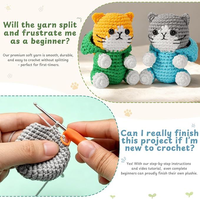 Fortuning's JDS Crochet Kit for Beginners, 2 Pack Dinosaur Cat Crochet Kit