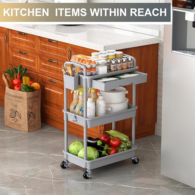 Goovilla 3 Tier Rolling Utility Cart Organizer with Removable Drawer, Grey | Stable and Sturdy Rolling Storage Carts with 2 Lockable Wheels for Bathroom, Kitchen, Snack, Craft, Makeup, Baby Essentials