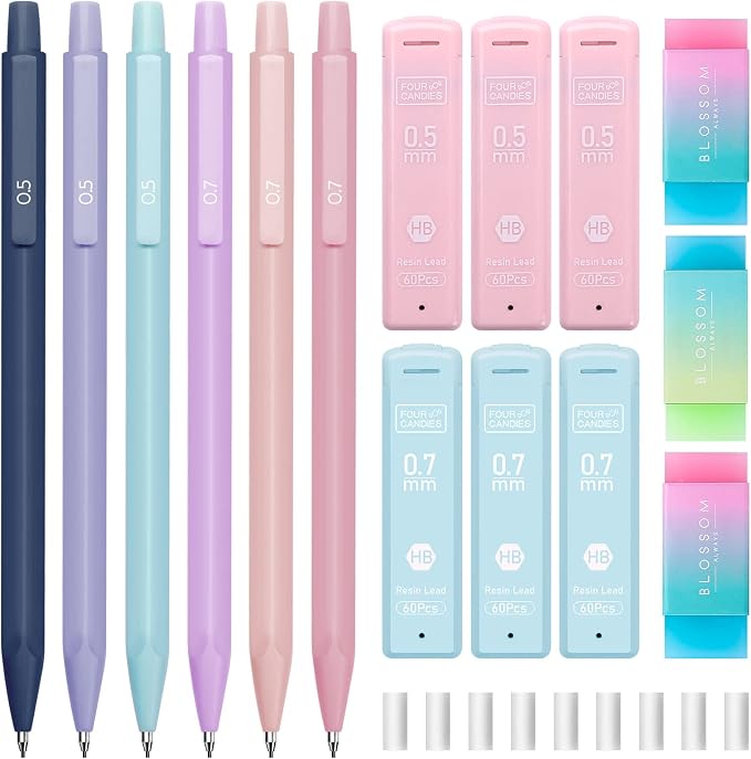 Four Candies Cute Mechanical Pencil Set, 6-Pack 0.5/0.7mm | 360 Lead Refills, 3 Erasers, 9 Eraser Refills, Storage Case, Back to School Supplies for Girls, Pastel Aesthetic Stationery