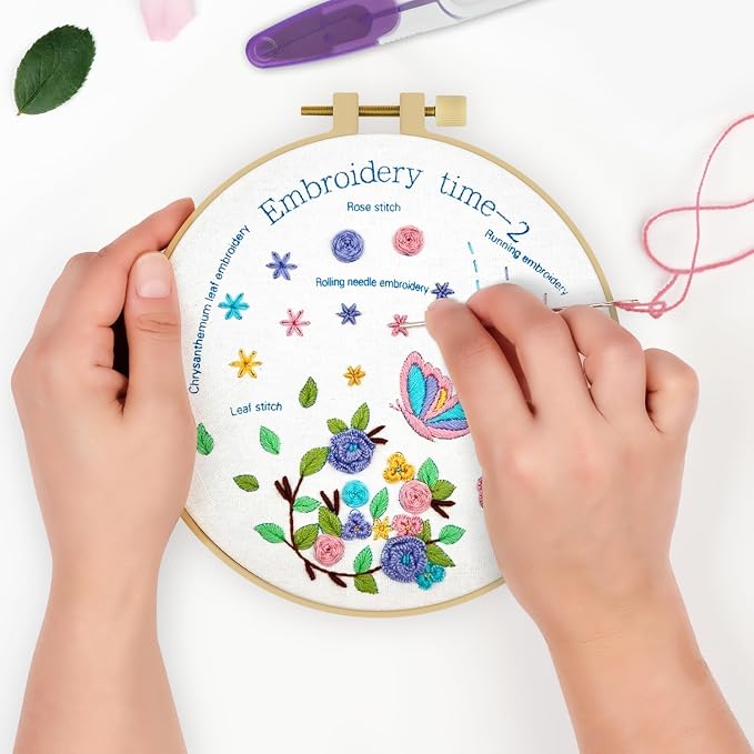 ERKOON 4 Pack Beginner Embroidery Kits for Adults DIY Starter Kit with 33 Stitch Techniques, Stamped Patterns, Embroidery Hoop, Colorful Threads, Tools, Step by Step Instructions & Video Tutorial