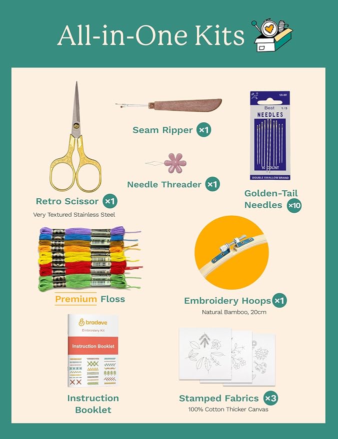 Bradove Leaves and Flowers Embroidery Kit for Beginners with Patterns | Beginner Embroidery Kit for Adults and Kids, Hand Embroidery for Beginners, Learn to Embroider Kit Adult Beginner