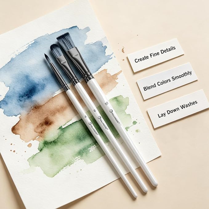 ROLLINGDOG 3PC Artist Paint Brush Set | Flat brush #10,,Filbert brush #6,Round brush #4