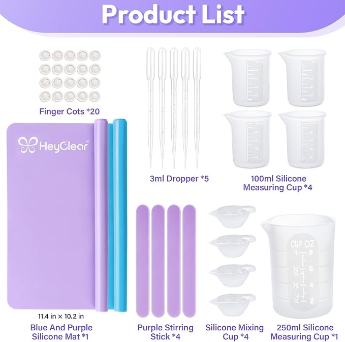 HeyClear Silicone Measuring Cups Kit for Epoxy Resin 250&100ml Mixing Cups | Resin tools with Mats, Stir Sticks, Dropper Pipettes, Finger Cots for Epoxy Resin Crafting, Resin Molds, Jewelry Making