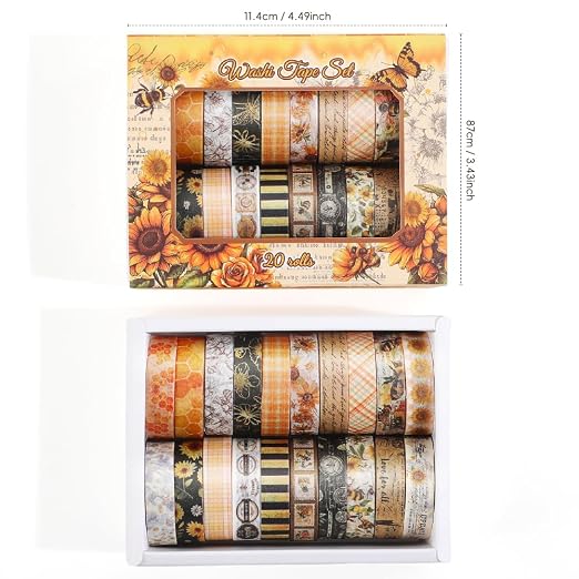icceemee 20 Rolls Sunflower Theme Washi Tape Set with Different Colorful Patterns, Writable Decorative Tapes for Scrapbooking, Junk Journal Supplies, Bullet Journaling, 0.39'' x 79'' per Roll