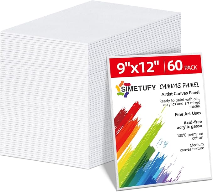Simetufy 9x12 inch 60 Pack Painting Canvas Boards- Gesso Primed | Acid-Free 100% Cotton Canvas Panels for Acrylics Oil Watercolor Tempera Paints