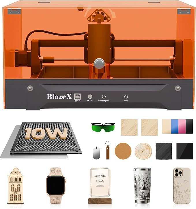 BlazeX M3 10W Laser Engraver Machine, 0.01mm Ultra-precision Laser Cutter and Engraver Machine for Wood Metal Glass Leather, Beginner-Friendly, with Enclosure Honeycomb Engraving Materials, Class 1