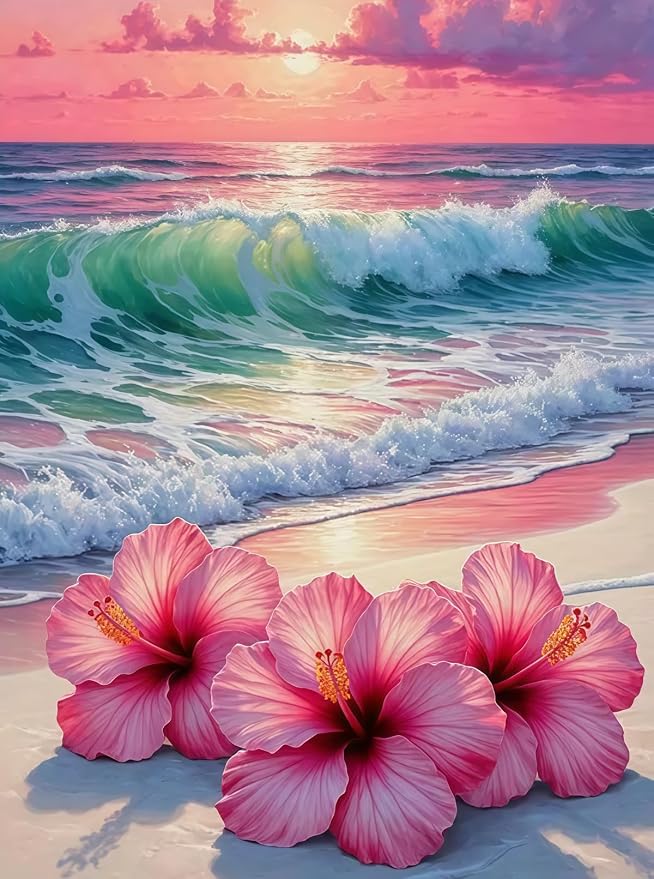 BYGFHLYW 5D Diamond Art Kits for Adults, Beach Flower Diamond Painting Kits | Full Drill Round Paint by Diamonds Dot Gem Art for Home Wall Decor 12x16inch