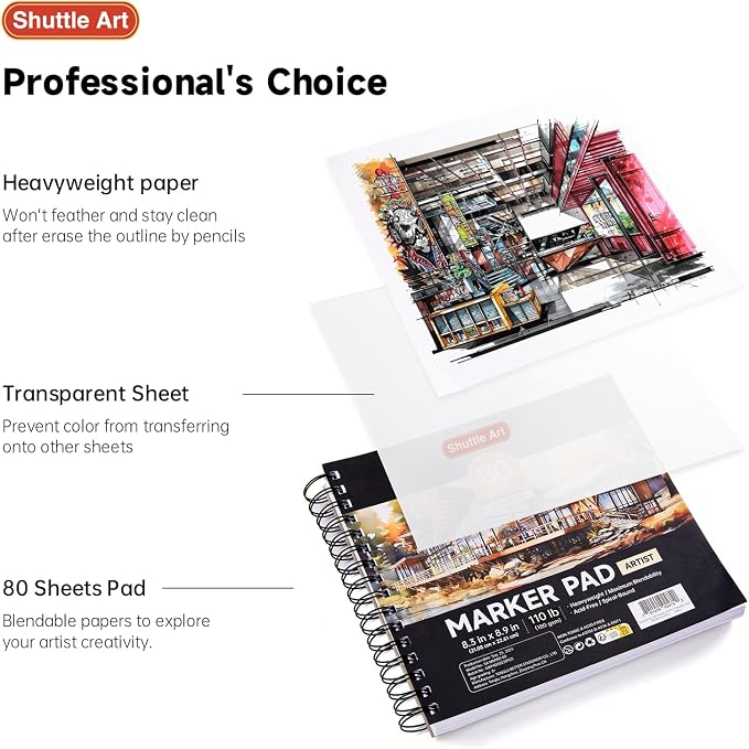 Shuttle Art Marker Pad, 8.3”x8.9” Portable Square Sketchbook, 80 Sheets Marker Drawing Paper, 110LB/180GSM Bleedproof Art Paper, Spiral-Bound, Great for Professional Artist to Draw, Paint & Sketch
