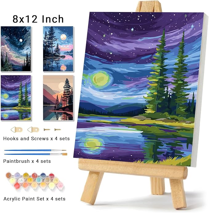 4 Pack Framed Paint By Numbers Kit for Adults Beginner Starry Night Adult Paint By Number Kits on Canvas Landscape Painting By Numbers for Adults with Frame Diy Painting Kits for Home Wall Art 8x12 In