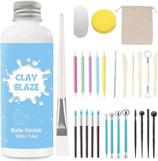 EIGTWEN 100ml Air Dry Clay Glaze and 29pcs Clay Tools Kit, Matte Varnish | Matte Glaze, Waterproof,Prevents Clay Scratches & Wear, Air Dry Clay Tool,Dotting Tools,Ball Tools,Carving Tools,Shaper Tools