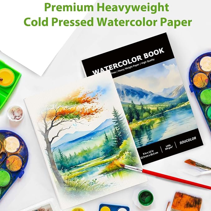 Soucolor Watercolor Paper Pad 9x12 140lb Cold Press 40 Sheets Art Supplies | Professional Wet Techniques Water Color Paper,140lb/300gsm Artist Painting Book texture,Acid-free archival quality