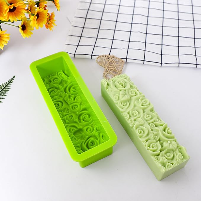 Rectangular Rose Soap Silicone Mold,Green,2 Pcs | Flexible,Flowers Craft Art,Candle Making,Homemade Soap Crafts