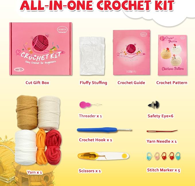 SGIBYN Crochet Kit for Beginner - DIY 3 Chickens Amigurumi Set with Video