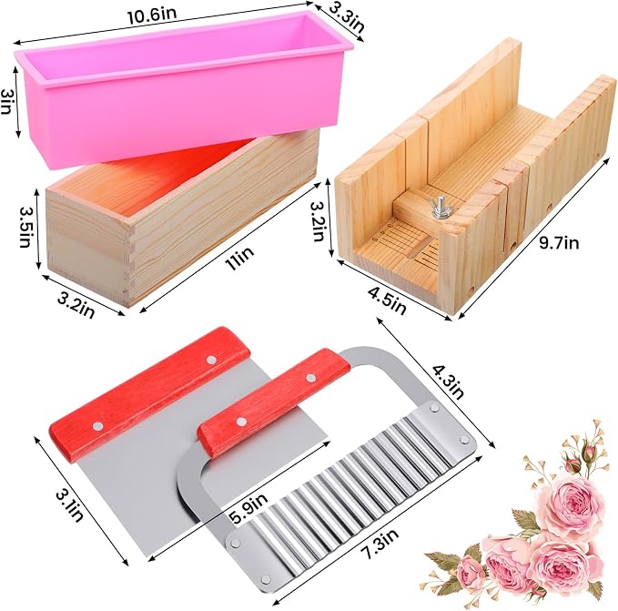 Soap Making Kit, Wooden Cutting Box and Inner Box with Silicone Mold, Stainless Steel Straight Cutter and Wavy Cutter for DIY Soap Making
