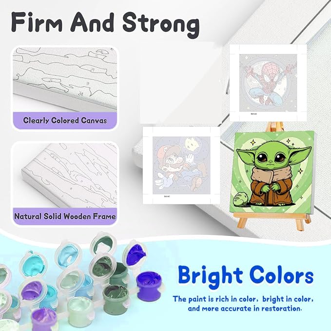 3 Pack Cartoon Paint by Numbers Kit for Kids with Frame Wooden Easel | Cute Kids Paint by Numbers Ages 4 8 12, DIY Acrylic Oil Painting for Home Wall Decor (8x8 inch)