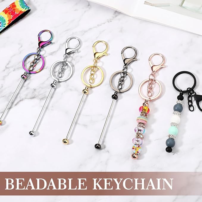 Tondiamo 12 Pcs Beadable Keychains Bars Bulk Blank Beaded Metal Keychain for Craft DIY Gift