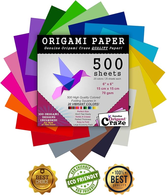 Origami Paper 500 Sheets Premium Quality for Arts and Crafts 6" Square Sheets 20 Vibrant Colours Same Colour on Both Sides 100 Design Ebook Included (See Back of Cover for Download info)