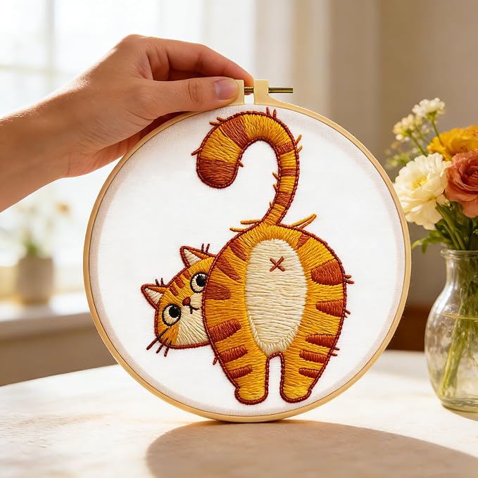 BEUNITONE 4PCS Fun and Funny Cat Embroidery Kit for Beginners, Cute Pre-Print Cat Pattern Hand Embroidery Kits with Hoop and Instruction, DIY Needlepoint Craft Kit for Gifts and Home Decor