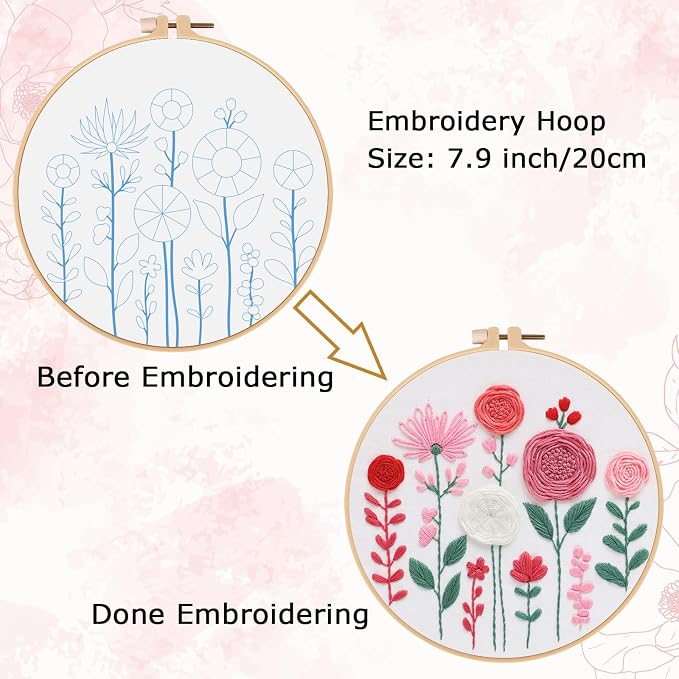 Nuberlic Floral Embroidery Kit for Beginners Adults | Easy Embroidery Kits for Adults Starter Cross Stitch Kit DIY Needlepoint with Step-by-Step Instruction,Gifts and Home Decor