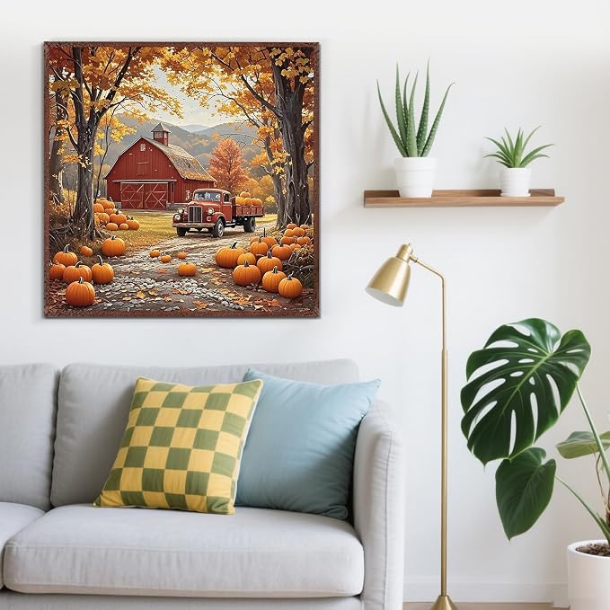 LKHMVCA Fall Farmhouse Truck Pumpkin Paint by Numbers Kit for Adults, DIY Paint by Numbers Kits for Adults Beginners Without Frame, Acrylic Paint Canvas Painting Kits Art for Home Decor 16x16 Inch