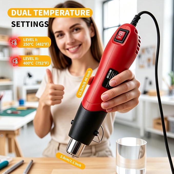 Heat Gun 500W, Handed Hot Air Gun with Nozzle for Crafting and DIY (Red)