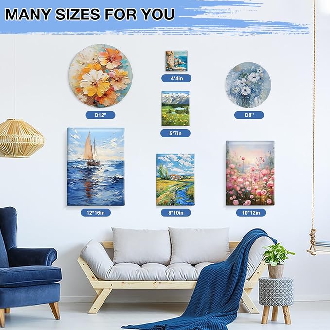 ESRICH 12 Pack Stretched Canvas for Painting, 4x4, 5x7, 8x10, 10x12, 12x16(2 of Each), Round Canvas with 8x8, 12x12(1 of Each), Blank Canvases Primed Paint Canvas for Beginners, Artists.