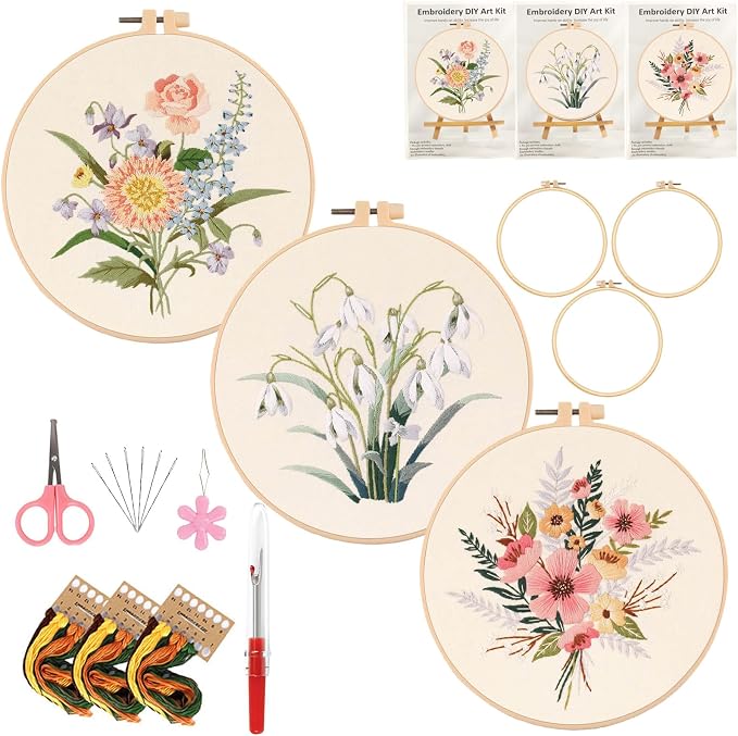 3 Packs Embroidery Kit for Adults, Embroidery for Beginners (Floral)
